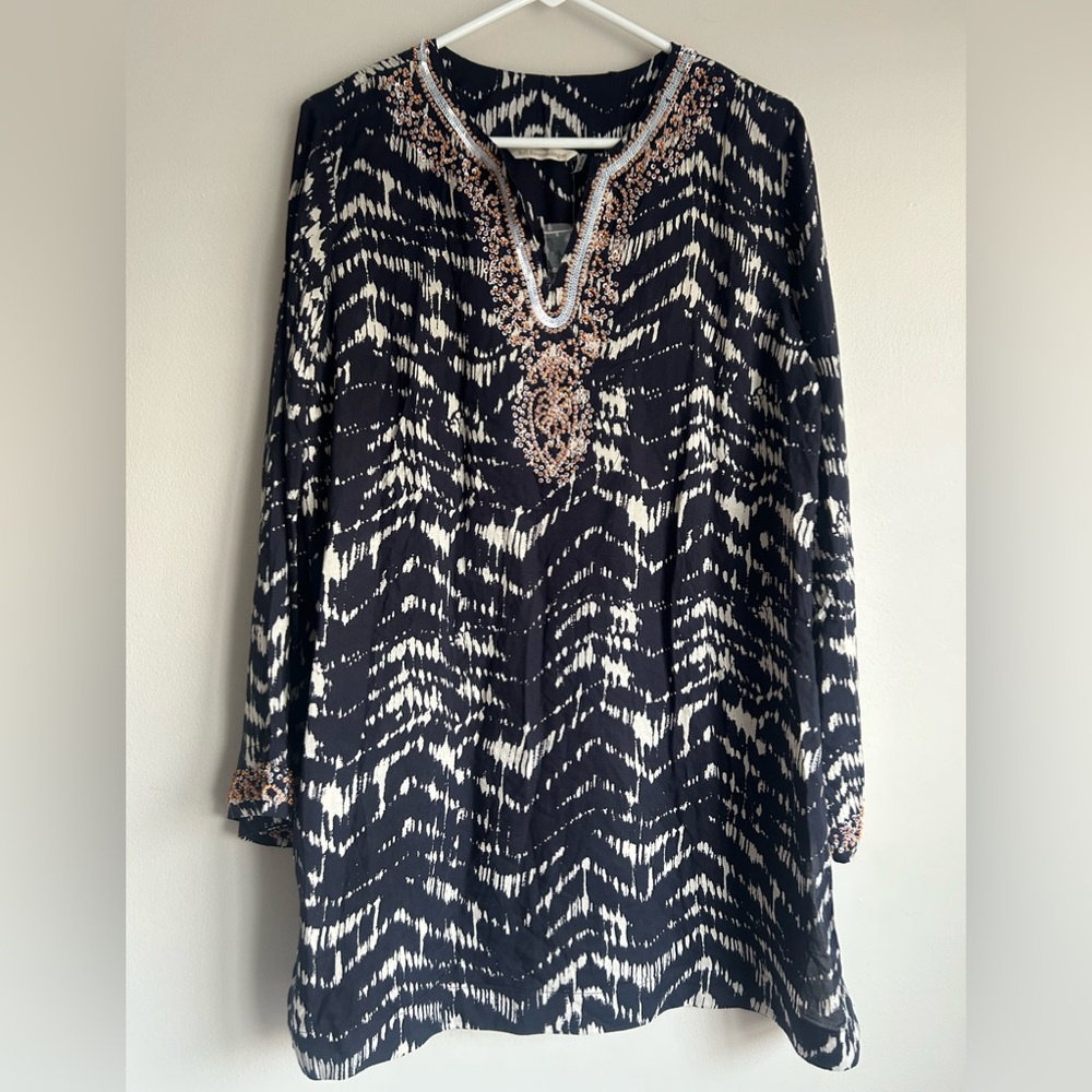 New Soft Surroundings Akira Ikat Beaded Tunic Top Size L Large Boho Rayon NWOT